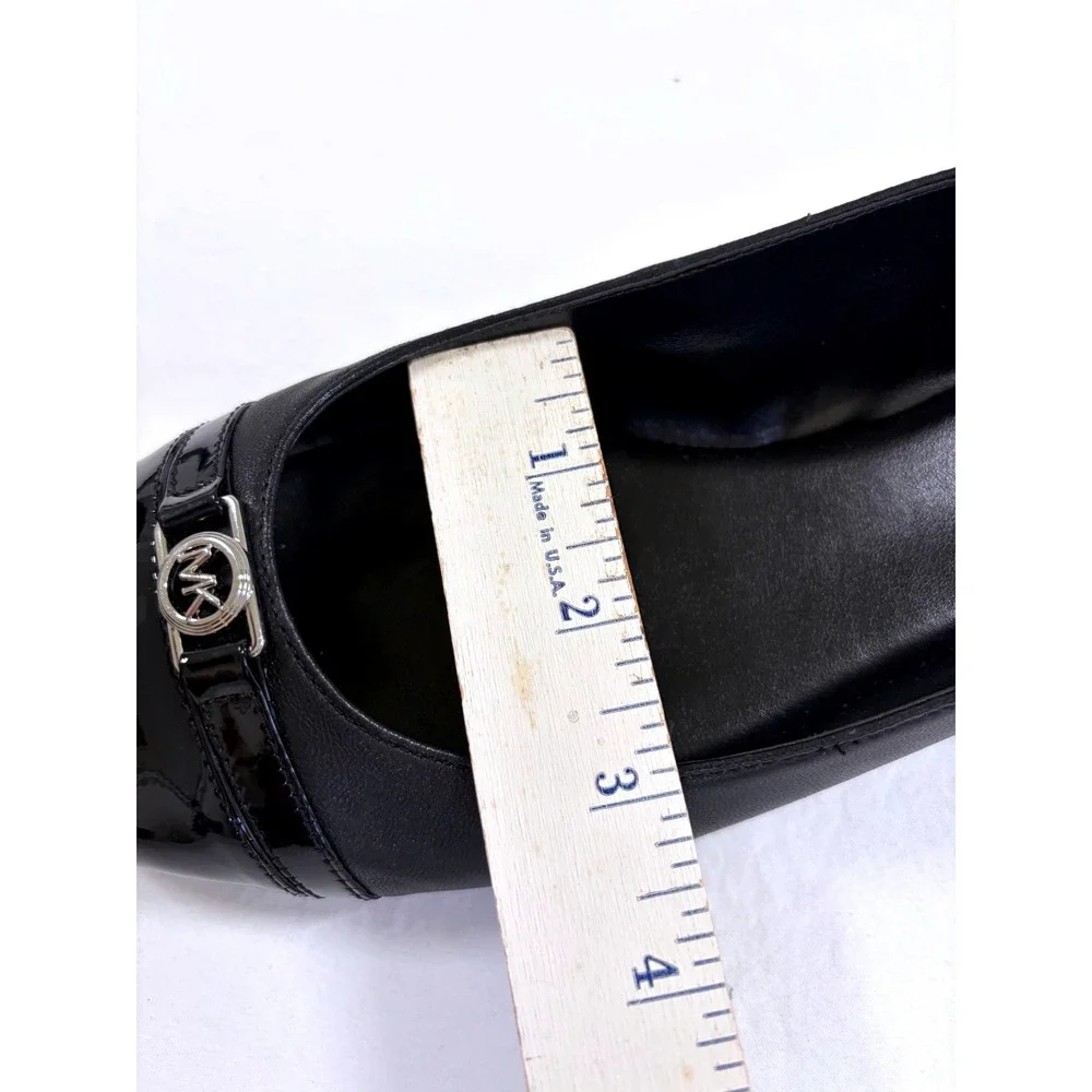 Michael Kors Mandy Black Leather Cap Toe Ballet Flats Silver MK Logo Shoes 10.5